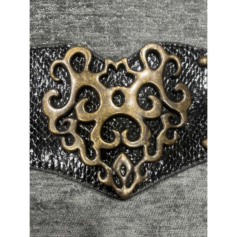 Womens Wide Stretch Waist Belt Black Faux Snakeskin Studded Filigree Buckle Boho